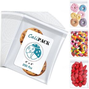 4" X 4" (200 Pack) Cellophane Bags w/Adhesive Self Adhesive, Resealable, Clear Gift Wrap Cellophane Bags Cookies, Treats, Sweets, Candy, Bakery, Art Prints, Photos, Envelopes