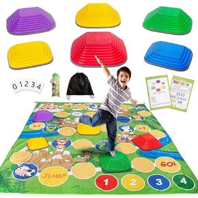 Stepping Stones for Kids ، 2 في 1 Stiddler Steping Stones مع حصيرة اللعب ، 6pcs أحجار خطوة غير انزلاقية لمدة 1-3 ، التوازن والتنسيق حجر للداخلية والخارجية
