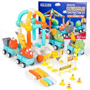 82PCS Magnetic Dinosaurs Building Toy for Kids STEM Educational Building Blocks, Magnetic Sticks, and Trucks Toy for Toddlers Montessori Learning, Birthday Gift for Boys, Girls
