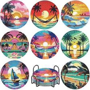CAMOYAI 8 pcs Beach Diamond Art Coasters Kits with Holder, DIY Landscape Diamond Painting Coasters,Diamond Art Kits for Adults Beginners