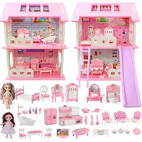 Dollhouse Playset Dream Doll House w/ 4 Room&2 Princess&Dollhouse Furniture Set Accessories,Mini Princess Castle Miniature Small Playhouse Toy Gift,Little Girl Age 3+ Kid Toddler 3 4 5 6 7 8 9+Year