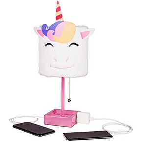 Table Lamp Cute Unicorn Plush Shade Desk Lights for Gifts with 2 USB Charging Ports and 1 Power Outlet for Bedroom Reading & Living Room