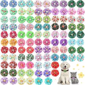 Sweetude 100 Pcs Spring Dog Collar Flowers Charms Bulk Pet Flower Collar Bow Ties Holiday Dog Accessories Grooming Supplies Puppy Bows Slides Attachment for Small Medium Large Cat