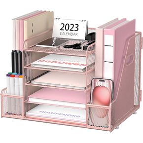 SUPEASY Mesh Desk Organizer with File Holder, 5-Tier Paper Letter Tray Organizer with Magazine Holder, Desktop Organizer and Storage for Office Supplies Home or School, White