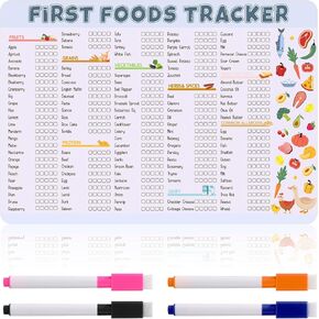 Gosknor Baby First Food Tracker Fridge Magnet, 12x8.46in Baby Food Checklist Magnetic Meal Planner Chart Dry Erase Daily Feeding Log Menu Essentials Baby Led Weaning Supply for New Parents Babysitter