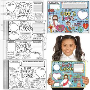 Feifeiya 40 Pcs All About God's Love Coloring Poster Religious Christian Crafts for Kids Color Your Own All About God's Love Posters Bible Crafts for Sunday School Religious Home Party Supplies
