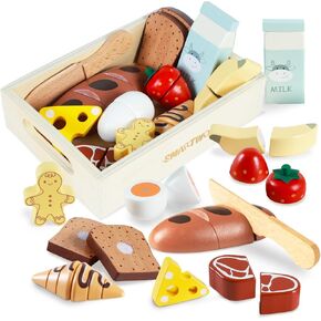 Wooden Bakery Toy Food Breakfast Set for Kids,Pretend Play Food Kitchen Accessories with Crates,Fake PlaySets Montessori Toys,Toddlers Cutting Food Gift for Boys and Girls Ages 2+