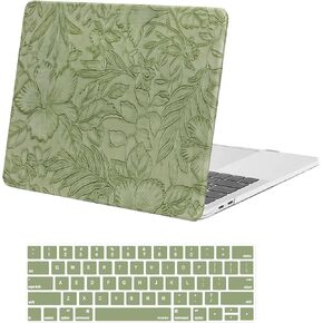 MOSISO Compatible with MacBook Pro 13 inch Case 2025, 2024, 2023-2016 M2 M1 A2338 A2251 A2289 A2159 A1989 A1708 A1706, Embossed Retro Hibiscus Texture PU Leather Coated Hard Case&Keyboard Cover, Green