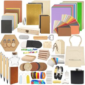 366PCS Engraving Material Box: DIY Materials to All Laser Engravers with Instructions - 43 Kinds of Laser Engraving Supplies Including Fabric, Metal, Wood, Acrylic, Rubber, PU Leather