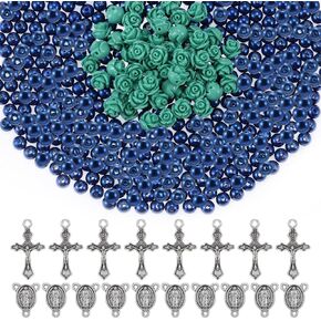 610PCS Rosary Pearl Beads Carved Rose Beads Rosary Cross Centerpiece Crucifix Medal, Rosary Making Supplies Silver Jesus Maria Pendant for Rosary Bracelet Necklace Jewelry