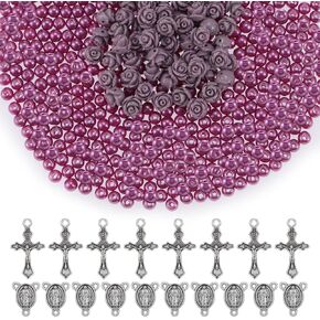 610PCS Rosary Pearl Beads Carved Rose Beads Rosary Cross Centerpiece Crucifix Medal, Rosary Making Supplies Silver Jesus Maria Pendant for Rosary Bracelet Necklace Jewelry