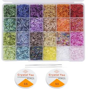 Minestylish 9600pcs Tube Beads Kit, Glass Bugle Seed Beads for Jewelry Making, Small Craft Beads for DIY Bracelet Necklaces Craft Making with Two Crystal String (7mm, 400 Per Color, 24 Colors)