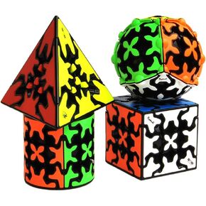 Gear Speed Cube Set, Gear Puzzle Cube Bundle of Gear Pyraminx Cube 3x3 Gear Cube Gear Cylindrical and Ball Cube Puzzle Toys for Kids 4Pcs