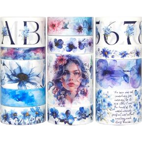 Floral Washi Tape Set, 13 Rolls Blue Washi Tapes for Bullet Journaling, Scrapbooking, 5 Sizes Flower, Letter, Number Masking Tapes for Planners, DIY Crafts, Gift Wrapping, Party Decorations