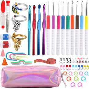 JUPEAN 70 Pieces Crochet Hooks Set Ergonomic Crochet Hooks Knitting & Crochet Supplies with Large-Eye Blunt Needles, Knitting Loop Rings, and Other Knitting Accessories