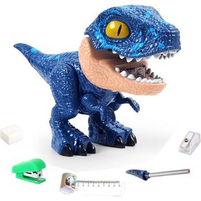 Thcbme 5-in-1 Dinosaur Stationery Set, Dinosaur-Themed Stationery Pencil Case Set, Stationery School Supplies Kit Multi-Functional Pencil Pencil Sharpener Rubber Tapeline Stapler(Blue Velociraptor)
