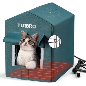 TURBRO Heated Cat House Outdoor, Insulated and Weatherproof Iron Shelter for Feral and Cats Outside, Heating Pad Bed with 14.7ft Anti-Bite Cord, UL Test Passed, Blue