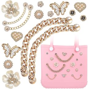 Charms for Bogg Bag, Flower Pearls & Butterfly Charms for Bogg Bag Accessories Charms Compatible with Simply Southern Rubber Beach Bag Tote, Lovely Gold Charms Bag Insert for Beach Tote Bag (16 Pcs)