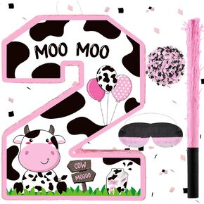 Hungdao Number 1/2 Piñata with Blindfold Stick and Confetti First Birthday Cow Piñata Decorations Cow Piñata for Boys Girls Anniversary Celebration Decorations Game Supplies Baby Shower(Number 2)