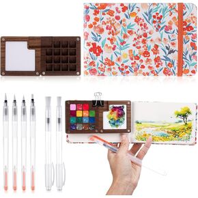 Chiisong Mini Watercolor Travel Set Miniature Watercolor Paint Set 15 Grids Wooden Paint Box Sketch Book with Brush and Binder Clips for Painters Artists Students, 5.5 x 3.5 Inch
