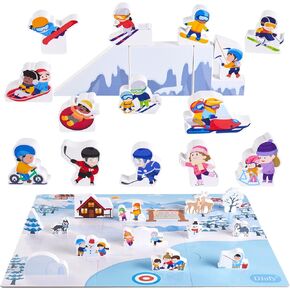 Winter Sports Building Block Toy Set, Wooden Action Figures with Assembly Playland Map, Sports Board Game, Wooden Toy Playset of Snow Ski and Ice Block Set, for Baby Toddler Kids Children