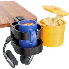 7-in-1 Desk Cup Holder - EURPMASK Desk Organizer with Headphone Holder, Controller Holder, Snack Bucket, and Phone Holder, Clamp-On Desk Accessory with Sturdy Large Storage, Easy to Install, Black