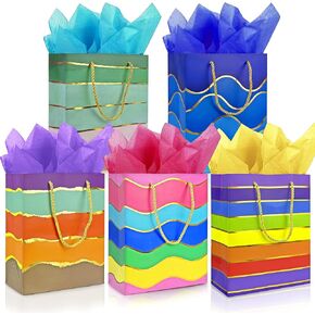 MUMULULU 5 Pack Paper Gift Bags with Handle and Tissue Paper Birthday Gift Bags Rainbow Gift Bags for Birthday Party Baby Shower Wedding Holiday Presents