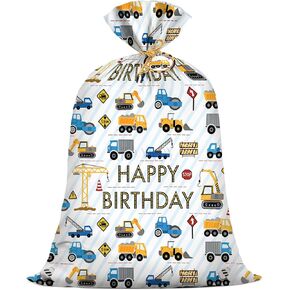 KIDAJOY 1 Pcs Extra Large Construction Birthday Gift Bag for Boys 36x56 Inch Jumbo Gift Bags Trucks Excavators Cranes Vehicle-Themed Kids Happy Birthday Parties Favors Decorations