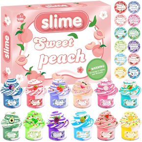 12 Packs Mini Fruit Butter Slime Kits for Kids, Cute Peach Colourful Box, 12 Fun Slime Charms, Great 6 Year Old Toy, Kids Educational Stress Relief Toy, Party Favour, Birthday Gift