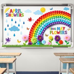 Blosssound 253 Pcs Spring Bulletin Board Decorations April Showers Bring May Flowers Decorations 3D Spring Flower Rainbow Cutouts with Paper Flowers Blackboard Wall Decals for School Home Party Decor