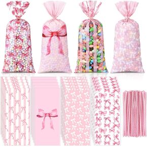 Yexiya 100 Pack Pink Bow Cellophane Bags Coquette Party Favor Bags Candy Treat Bags with 150 Twist Ties for Pink Wedding Birthday Christmas Party Favor Supplies