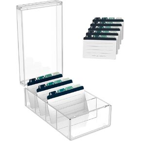 MaxGear Index Card Holder for Desk, 3" x 5" Acrylic Business Card Organizer, Clear Index Cards Box Holds 300 Cards, 3 Divider Boards Includes A-Z Tabs, Ideal for Recipe, and Note Storage