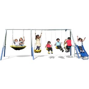 Sportspower 'Swing and Play' Galvanized Metal Swing Set(6 Year Warranty): 2 Swings+Standing, 2 Kid Roman Glider+Saucer, 5' Wavy Slide, EXCEEDS ASTM Safety Standards*4pc Anchor Kit*