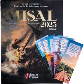 Misal Anual 2025, Editorial Buena Prensa y 6 Marcadores de Página Laminados impresos a Ambos lados con versículos de la Biblia en Español e Inglés, Portada de la Barca