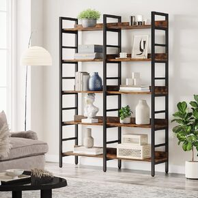 Tribesigns 5-Tier Industrial Bookshelf, 71"H x 47"W Etagere Bookcase, Freestanding Double Wide Book Shelf for Storage and Display, Wood and Metal Bookshelves for Living Room Home Office, Rustic Brown