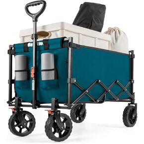 Navatiee 140L Wagon Cart Foldable, Large Capacity Collapsible Wagon with Smallest Folding Design, Utility Grocery Wagon for Camping Shopping Sports, Blue