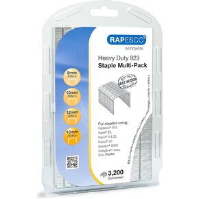 Rapesco 1246 Assorted Type 923 Heavy-Duty Staples, Leg Lengths 5/16" to 3/64", Pack of 3200
