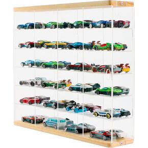 Premium Toy Cars Display Case with Sliding Door, Acrylic and Solid Wood Toy Cars Storage and Organizer – Holds Up to 48 Toy Cars, Easy Assembly Toy Cars Display for Collectors (Transparent)