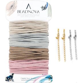 BEADNOVA Leather Cord for Jewelry Making Leather Strips for Crafts String Suede Cord Faux Lace Thread for Bracelets (4 Colors, 3.3 Yard, 3mm)