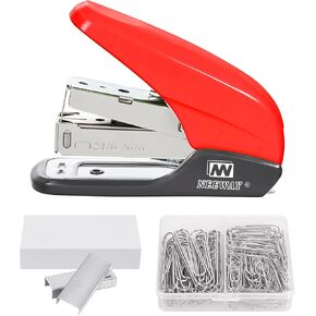 Effortless Small Stapler 20 Sheets Capacity, Jam Free with Built-in Staple Remover, Office Supplies Set with 1000pcs Staples and 100pcs Paper Clips for Desk, Home (Red)