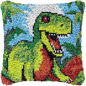 Dinosaur Latch Hook Pillow Cover Kits for DIY Cushion Cross Stitch Crochet Hooking Latch Hook Pillowcase Rug Kits with Preprinted Canvas Crochet Yarn Kits Needlework Crafts 17'' X 17''