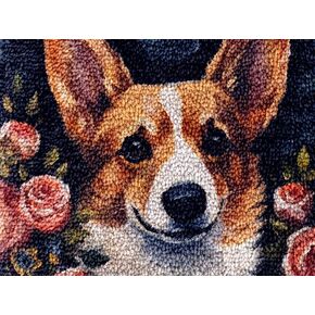 Corgi & Rose Latch Hook Kits Rug DIY Cushion Tapestry Making Crochet Hook Mat Making Kits Color Preprinted Pattern Canvas DIY Carpet Needlework Crochet Kits 52x38cm (cll-80)