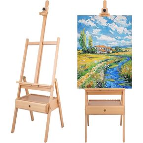 استوديو كبير خشبي H-Frame EaseL ، حامل حلبة من خشب الزان الصلب مع درج تخزين ، ارتفاع قابل للتعديل إلى 34 بوصة ، مناسبة للطلاء ، الرسم والعرض ، الطبيعي