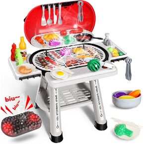 Kids BBQ Grill Playset, Indoor Kitchen Toy, Cooking Toy with Fake Smoke Lights Sounds, Kids BBQ Stove Kitchen Toy Set with Sink,2-Layer Barbecue Outdoor Play Grill Toy for Toddler Boys Girls