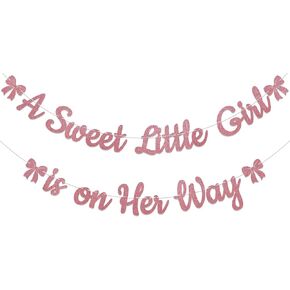 A Sweet Little Girl is on Her Way Banner - Pink Bow Baby Shower Decorations, Coquette Baby Shower Bunting Banner, Sweet Baby Girl Baby Shower Decorations Rose Gold Glitter