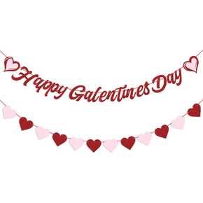 YQUQWN Glitter Galentines Day Banner NO DIY Happy Galentines Day Decorations Pink Red Heart Banners Decor Galentines Day Party Supplies