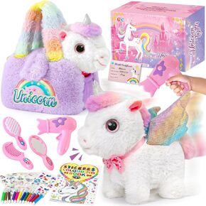 G.C Interactive Walking Unicorn Toys for Girls age 4-6, Electric Unicorn Plush with Bag & Coloring Book & Groom Accessories, Pretend Play Pet Care Kit Toddler Girl Christmas Birthday Gift 3 4 5 6 Year