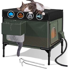 Heated Cat House for Outside Cat Insulated in Winter,Fully Waterproof,with Adjustable Awning,Escape Door,Indoor Outdoor Cat Shelter for Feral Stray Barn Cat to Stay Warm&Dry,Olive/Black,13x18.5x21.2in