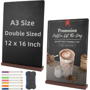2 حزمة 12 × 16 بوصة من الطباشير الطاولة مع قاعدة خشبية ، لوحة رسائل لوحة القائمة الخشبية A3 للمطبخ ، لافتات السبورة مزدوجة من جانبها مع دخان الحفلات المنزلية. in Kuwait