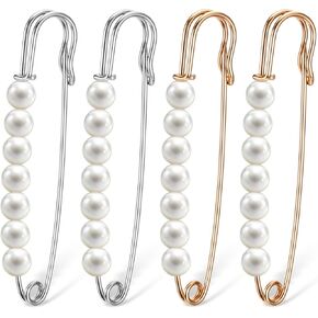 4Pcs Pearl Safety Pin, Decorative Safety Pins For Clothing Fancy Safety Pins Sweater Shawl Hat Clips Faux Pearl Brooches And Pins For Women Pants Skirt Waist Accessories 2.71×0.59 Inches (Gold,Silver)